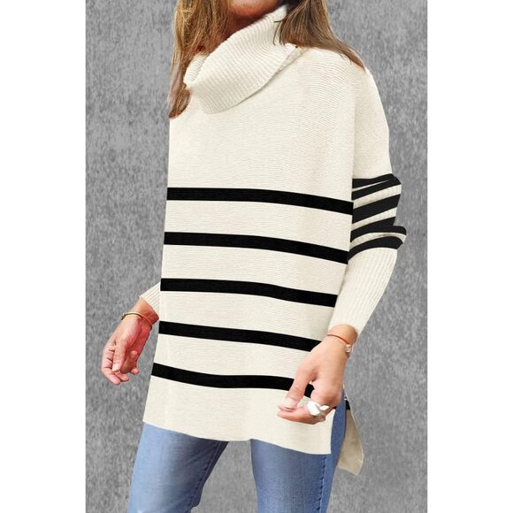 Women's Oversized Striped Turtleneck Sweater Viscose Nylons Polyester - Picture 3 of 5